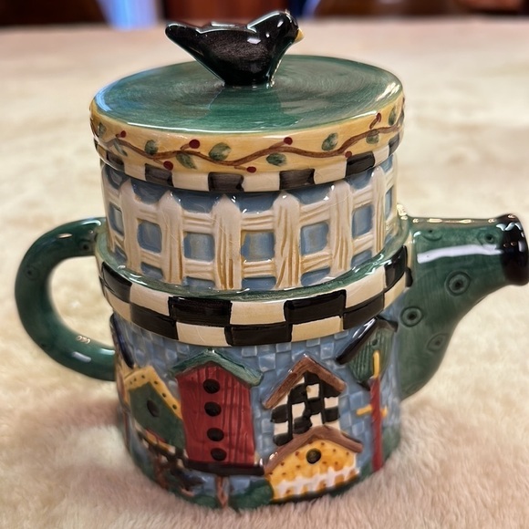 Sakura Debbie Mumm Ceramic Birdhouses Picket Fence Teapot With Blackbird on Lid - Picture 11 of 15